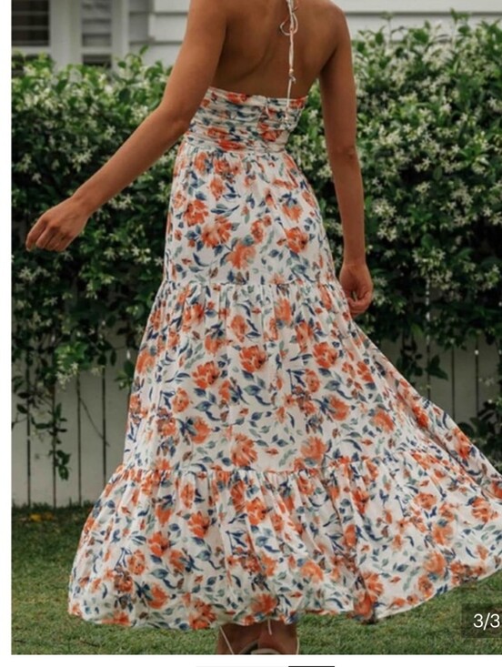 None Dresses & Skirts - Tiered Floral Maxi Skirt in Cream with Orange Blooms